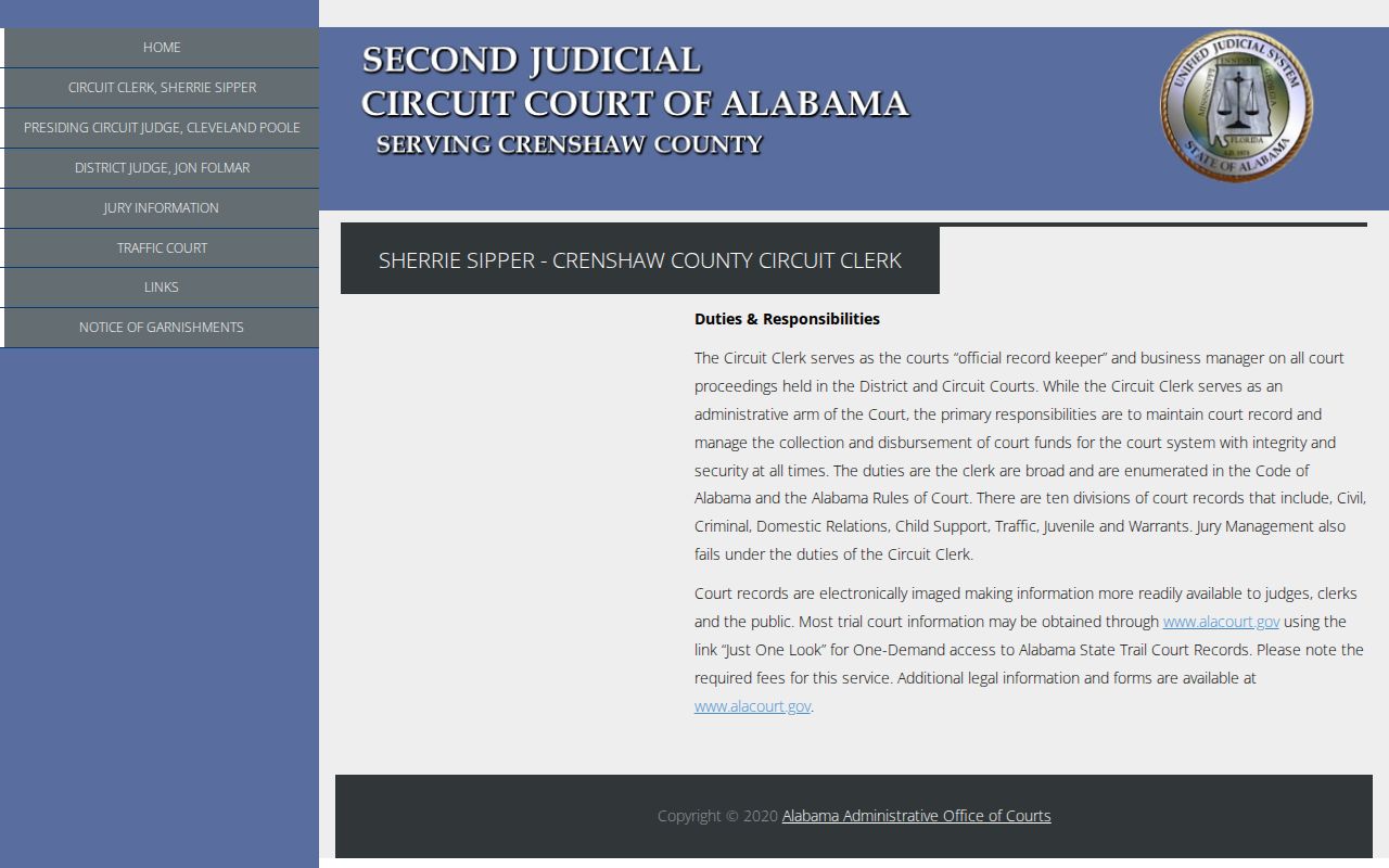 Crenshaw County clerk warrants and court record divisions