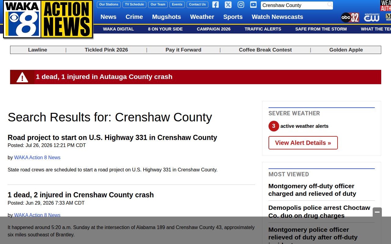 Crenshaw County crime news search showing event-driven arrest coverage