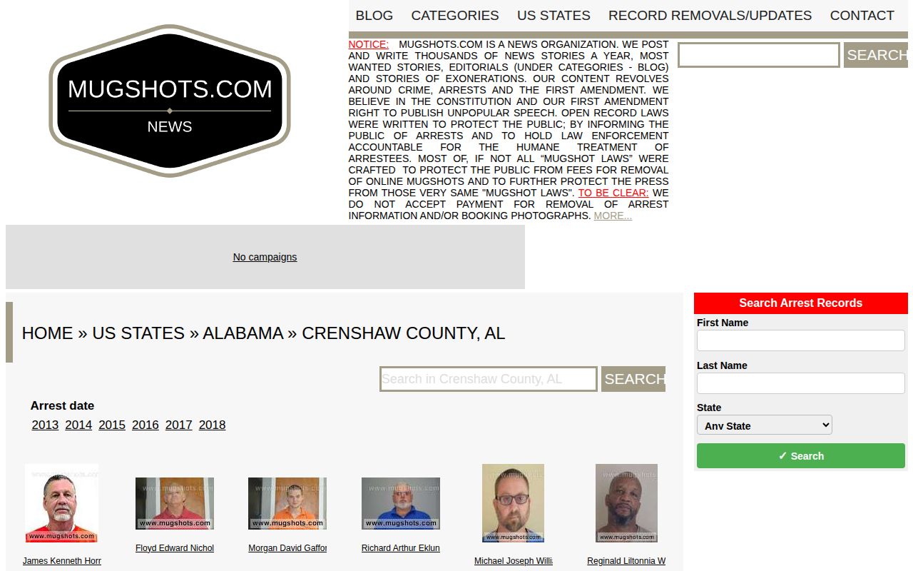 Unofficial archival Crenshaw County mugshot index with stale coverage warning