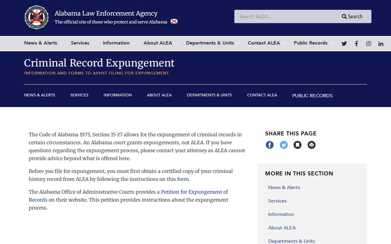 Alabama official expungement guidance for Crenshaw County arrest records